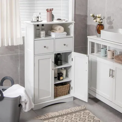 Produktbild von Badezimmerschrank mit offener Ablage und 2 Schubladen, Beistellschrank, 60 x 30 x 108 cm, Weiß