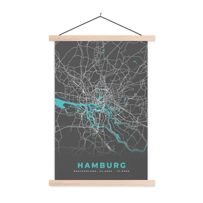 Produktbild von MuchoWow® Textilposter Karte - Stadtplan - Hamburg - Deutschland - Blau 40x60 cm mit holzfarbenen Rahmen - Poster
