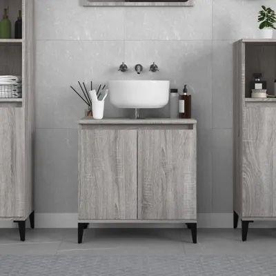 A modern bathroom vanity with a sink.