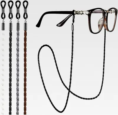 Produktbild von 4-teiliges Brillenkette Set, Geflochtene Brillenschnur, Verstellbares PolyurethanBrillenband aus Leder für Damen und Herren, Geeignet für Sonnenbrillen, Lesebrillen und Schutzbrillen