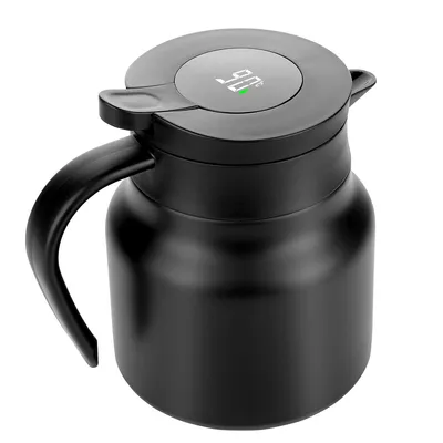 A black electric kettle with a digital temperature display on the lid.