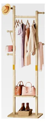 Produktbild von Freistehender Garderobenständer aus Holz mit Ablagen und Haken - Massivholz-Garderobe für Kleidung, Hüte, Jacken und Taschen - für Wohnzimmer und Schlafzimmer (38 cm)