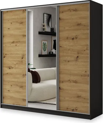 Immagine prodotto di Armadio scorrevole Masseno SORE 200/205/58 cm Armadio con 4 cassetti Armadio per camera da letto a 3 ante con specchio Nero / Rovere Artisan
