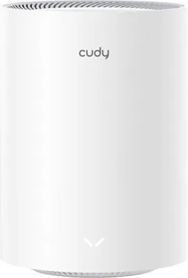 A white cylindrical mesh system device with the brand name 'cudy' printed on it.