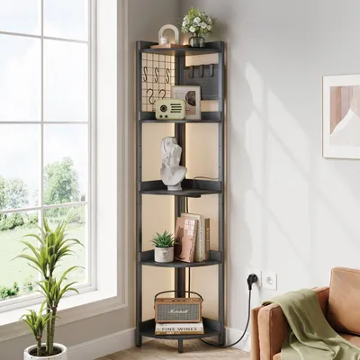 Produktbild von Iropro Eckregal 5 Ebenen mit Steckdosen, 170 cm Hoch Standregal mit  LED Beleuchtung, Bücherregal für Wohnzimmer, Schlafzimmer, Büro,  Schwarz
