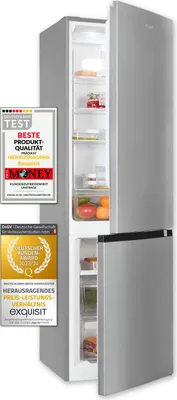 A silver refrigerator with its door open, showing internal shelves and food items. Two award badges are placed on the left side of the image.