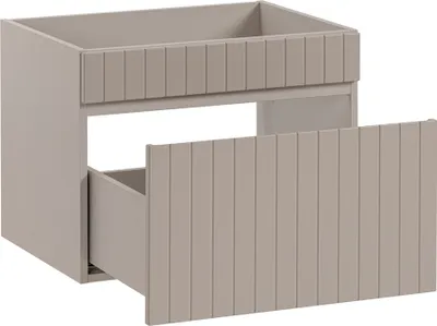 A studio shot of a bathroom vanity cabinet with one drawer partially open.
