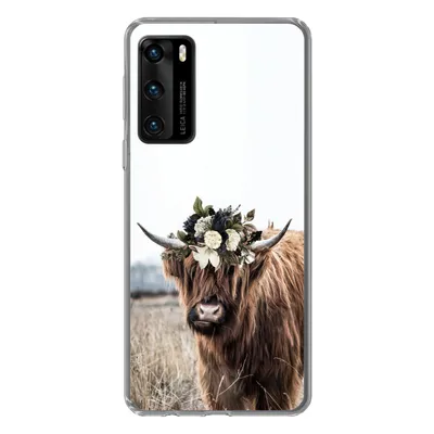 Produktbild von MuchoWow® Handyhülle Schutzhülle Hülle für Huawei P40 Schottischer Highlander - Blumen - Tiere Silikon Softcase Handy Hülle - Handytasche