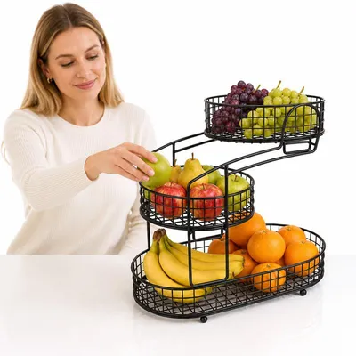 Produktbild von 3 Etagen Obstkorb aus Metall, Gemüsekorb mit Griff, dekorativer Küchenkorb für Obst, Gemüse, Snacks und Brot, platzsparende Aufbewahrung