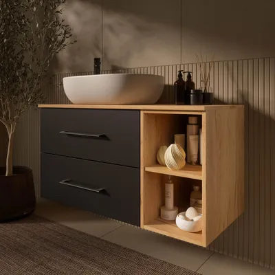 Produktbild von Planetmöbel LUX Badmöbel-Set Waschbecken mit Unterschrank 100 cm Gold Eiche/Anthrazit hängend & Aufsatz-Waschbecken 60 cm Weiß
