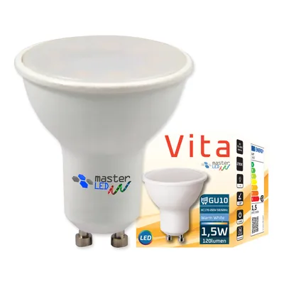 A product shot of a white LED light bulb with a smaller inset image of the same bulb and packaging details.