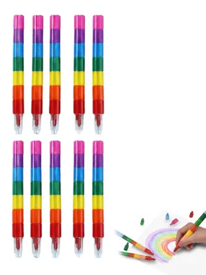 Stapelbare Farbstifte, 10 Stück, 7 Farben, Kunststoff, Kinder