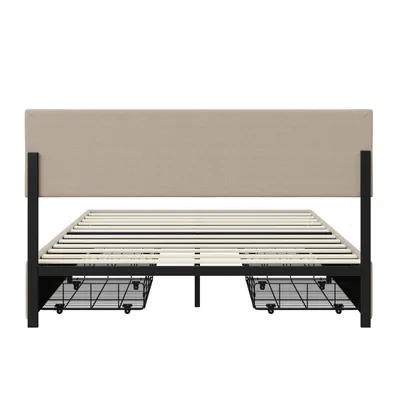 Obrázek produktu pro Čalouněné dvoulůžko 140x200 cm se 4 zásuvkami, LED osvětlení, lamelový rošt, povlečení, béžová barva, moderní design, ideální do ložnice, funkční a pohodlné