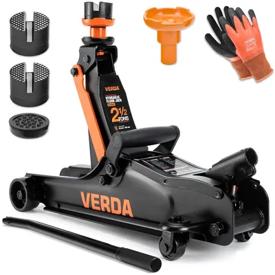 A black and orange hydraulic floor jack with accessories on a white background.