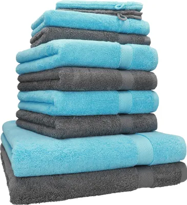 Produktbild von Betz 10-tlg. Handtuch-Set PREMIUM 2 Duschtücher 4 Handtücher 2 Gästetücher 2 Waschhandschuhe  Farbe: türkis & anthrazit