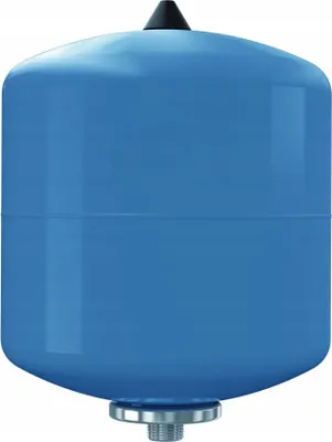 A blue expansion vessel with a black cap and a silver threaded connector at the bottom, isolated on a white background.