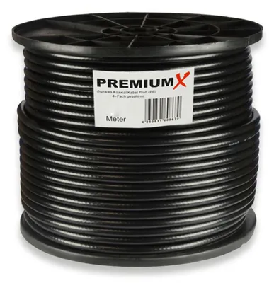 Produktbild von PremiumX 100m PROFI Koaxialkabel Schwarz 135dB 4-fach geschirmt REINES KUPFER