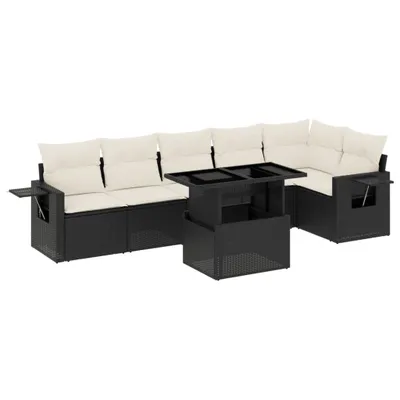 Produktbild von Modulares Garten-Sofa-Set 7-tlg., Poly Rattan Schwarz, verstellbarer Tisch, klappbare Ablagen, UV-beständig, Cremeweiße Kissen