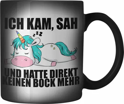 Produktbild von Trendation - Einhorn Farbwechsel Zauber-Tasse mit Spruch Geschenk Arbeitskollege Kollegin Karabiner Farbwechsel Zauber-Tasse Edelstahl Büro (Schwarz)
