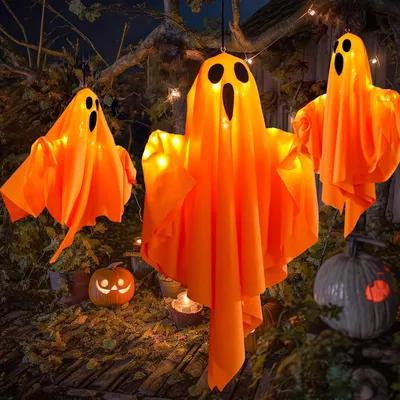 Produktbild von Halloween Deko, Halloween dekoration outdoor, 3 Stück 60cm Hängende Geister Windsack Mit Lichterketten, LED Scream Fliegende Geist Halloween Patio