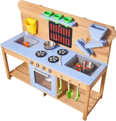 Immagine prodotto di Cucina di fango, cucina di fango all'aperto per bambini, cucine da gioco all'aperto in legno con fornelli, ganci, doppi lavelli, palette da giardinaggio, spatole, pentole e accessori da cucina, giochi con acqua e sabbia