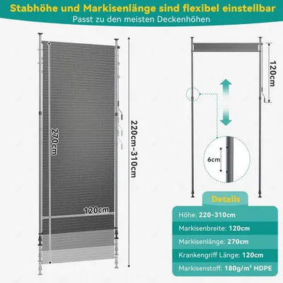 Obrázek produktu pro Venkovní rolo žaluzie – vertikální markýza s úchytkou – clona z HDPE – pro balkon a terasu – manuální ovládání bez šňůry – 120 x 270 cm – šedá barva