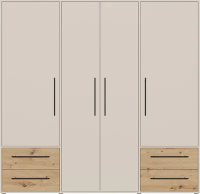 Produktbild von Forte MOKKARIS Kleiderschrank 200 210, moderner Drehtürenschrank, 4-türig, 4 Schubladen, Holzwerkstoff, Kaschmir Beige mit Artisan Eiche Holzdekor, 205,9 cm breit x 200,1 cm hoch x 58,8 cm tief