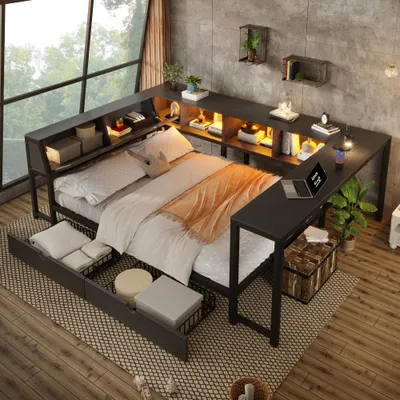 Produktbild von Metallbett mit Stauraum-Kopfteil LED Schreibtisch 2 Schubladen multifunktional, schwarz 140x200 cm