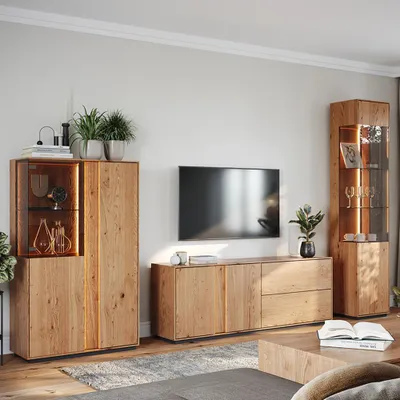 Produktbild von Wohnwand in Eiche massiv geölt mit Highboard, Lowboard & Vitrine, inkl. LED-Beleuchtung, 3-teilig - CARISOLO-163