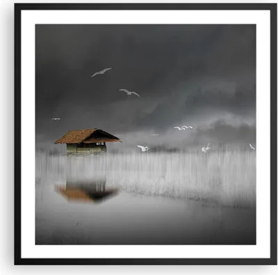 Produktbild von Gerahmtes Poster - Schwarzer Rahmen - Hütte Nebel Sumpf - 60x60 cm - Wand Bild - Wanddeko - Wandbilder - Kunstposter - Wandposter - Bilderrahmen - Bilder - Kunstdruck - P2BAC60x60-4896