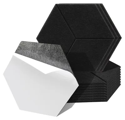 Obrázek produktu pro Akustické panely Vigevee, filcové, samolepicí, 12 kusů, hexagonální tvar, 15 cm, absorbéry zvuku, nástěnné panely, tloušťka 0,9 cm, perforovaný design, barva černá