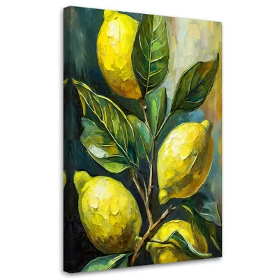 Image de Toile Citrons et feuilles 80x120 Feeby Vert Image pour le mur prête à être accrochée