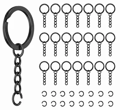 Schlüsselringe mit Kette, 40 Stück, 25 mm, schwarz, flach, für DIY