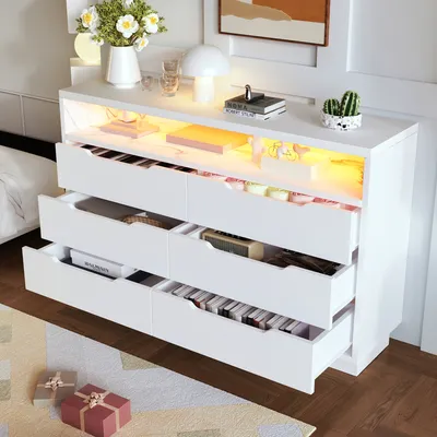 Produktbild von MODFU Kommode mit LED-Beleuchtung, 6 Schubladen und Marmoroptik-Staufach,modernes Sideboard 120×40×85 cm,Weißer Aufbewahrungsschrank für Wohnzimmer