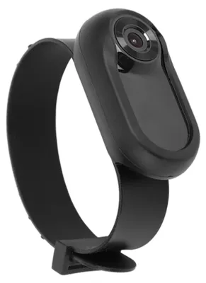 A close-up product shot of a black wearable camera on a white background.