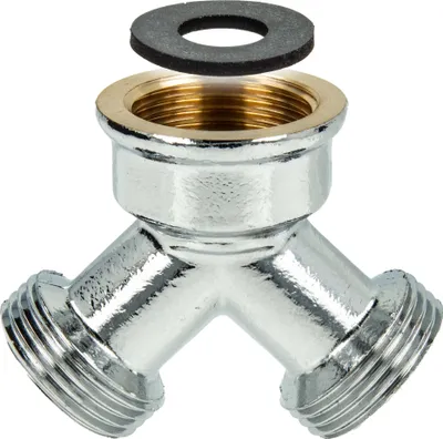 A chrome-plated brass Y-splitter with a black rubber washer.