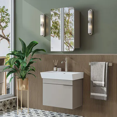Image de Skye Decor, Ensemble de meubles de salle de bain moderne (2 pièces) comprenant un meuble-lavabo et un miroir, finition pierre de sable