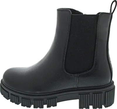 A side view of a black boot.