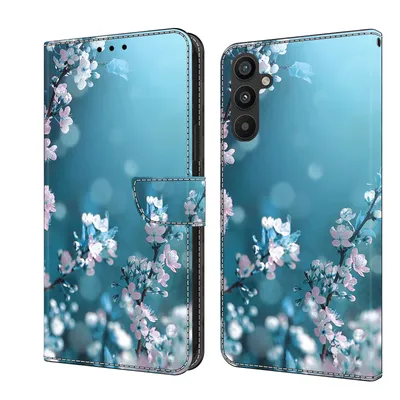 Produktbild von CLM-Tech Handyhülle kompatibel mit Samsung Galaxy A26 5G Hülle - Tasche aus Kunstleder - Klapphülle mit Ständer und Kartenfächern - Schutzhülle Wallet Case Cover Pflaumenblüte blau