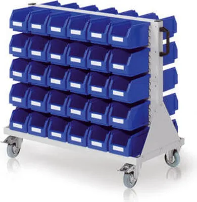 Produktbild von Mobile Stellwand - Schlitzwand für Sichtlagerkästen - beidseitig - mit 60 Kästen bestückt - 890 x 1.000 x 500 mm (HxBxT)