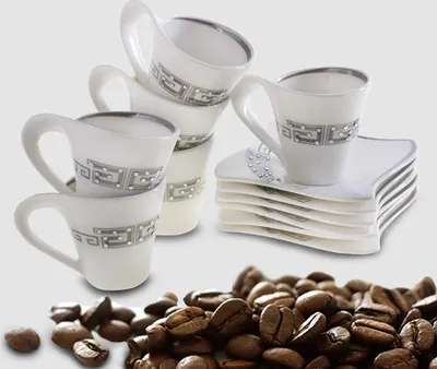 Produktbild von Medusa Kávový servis so strieborným výbrusom 12-dielne šálky na kávu pre 6 osôb 6 šálok + 6 podšálok bielo-strieborné Enjoy Serving Coffee