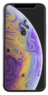 A clear, front-facing shot of an iPhone XS Max with a colorful, abstract wallpaper displayed on its screen.