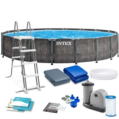 An Intex Prism Frame Greywood above-ground swimming pool and its accessories are displayed against a white background.