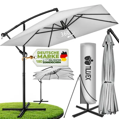 Produktbild von tillvex® Alu Sonnenschirm Rechteckig Ø 330 cm Grau + Abdeckung mit Kurbel | Ampelschirm Eckig mit Ständer | Gartenschirm UV-Schutz Aluminium | Kurbelschirm Marktschirm wasserdicht 360° drehbar, KI-generiertes Bild