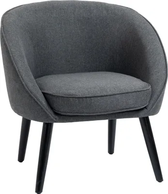 A gray upholstered chair with black legs on a white background.