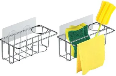 Produktbild von Doppelhaken für die Küche aus Edelstahl, Spülbecken-Organizer für Spülwasser-Schwämme, Spülbecken-Haken ohne Bohren, Küchen-Organizer mit Handtuchhalter für Spülbecken-Stopper, Schwamm, Bürste