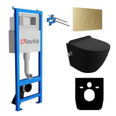 Produktbild von Lavita LAV 101 Vorwandelement für WC 40cm + Wand Hänge Tiefspül WC SALTO Schwarz Spülrandlos + Bedienplatte LAV 200.4.5 Gold | Komplettset | Unterputz Spülkasten | Toilette Komplett Sett
