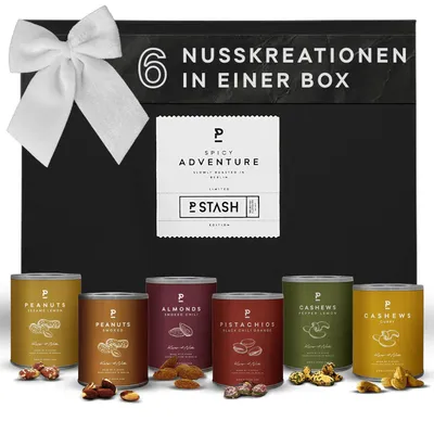 Produktbild von P-Stash Black Box Nussmischung Spicy Adventure- 6er Box Nüsse Mix - Cashews, Mandeln, Pistazien & Erdnüsse - Mixed Nuts handgeröstet in Berlin