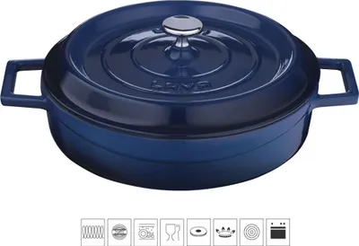 A blue cast iron pot with a lid and handles, shown from a slightly elevated side angle against a white background. Below the pot are several small icons representing product features or compatibility.