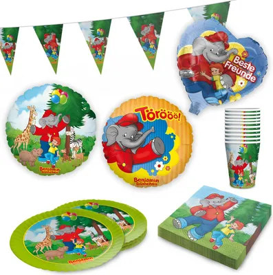 Produktbild von Benjamin Blümchen Partyset 45-tlg – Becher, Teller, Servietten, Wimpel & Ballons